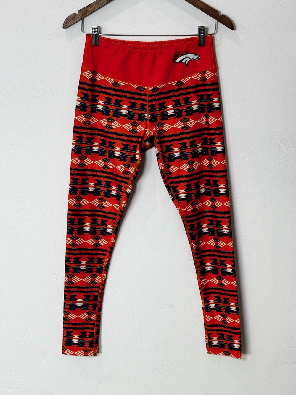 NFL Team Apparel Denver Broncos Orange and Blue Aztec Leggings Womens Size Small